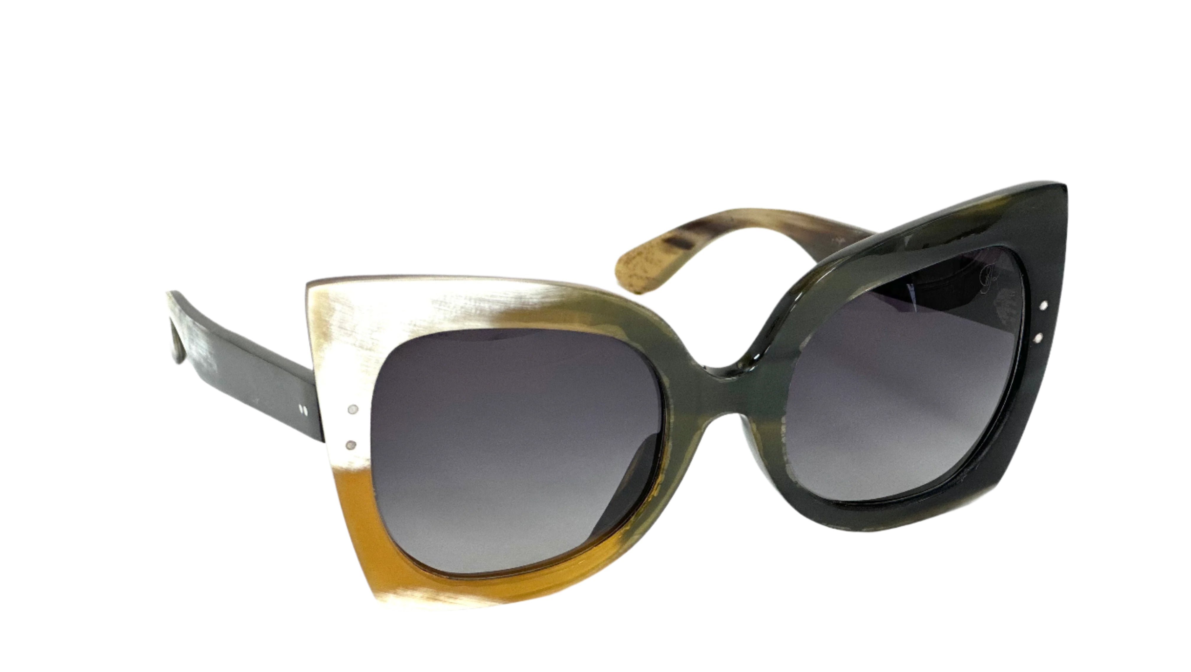 Genuine horn material is shaped into premium eyewear - Spring hinge mechanism on exclusive horn frame glasses - Grey lenses with UV protection in collector edition glasses