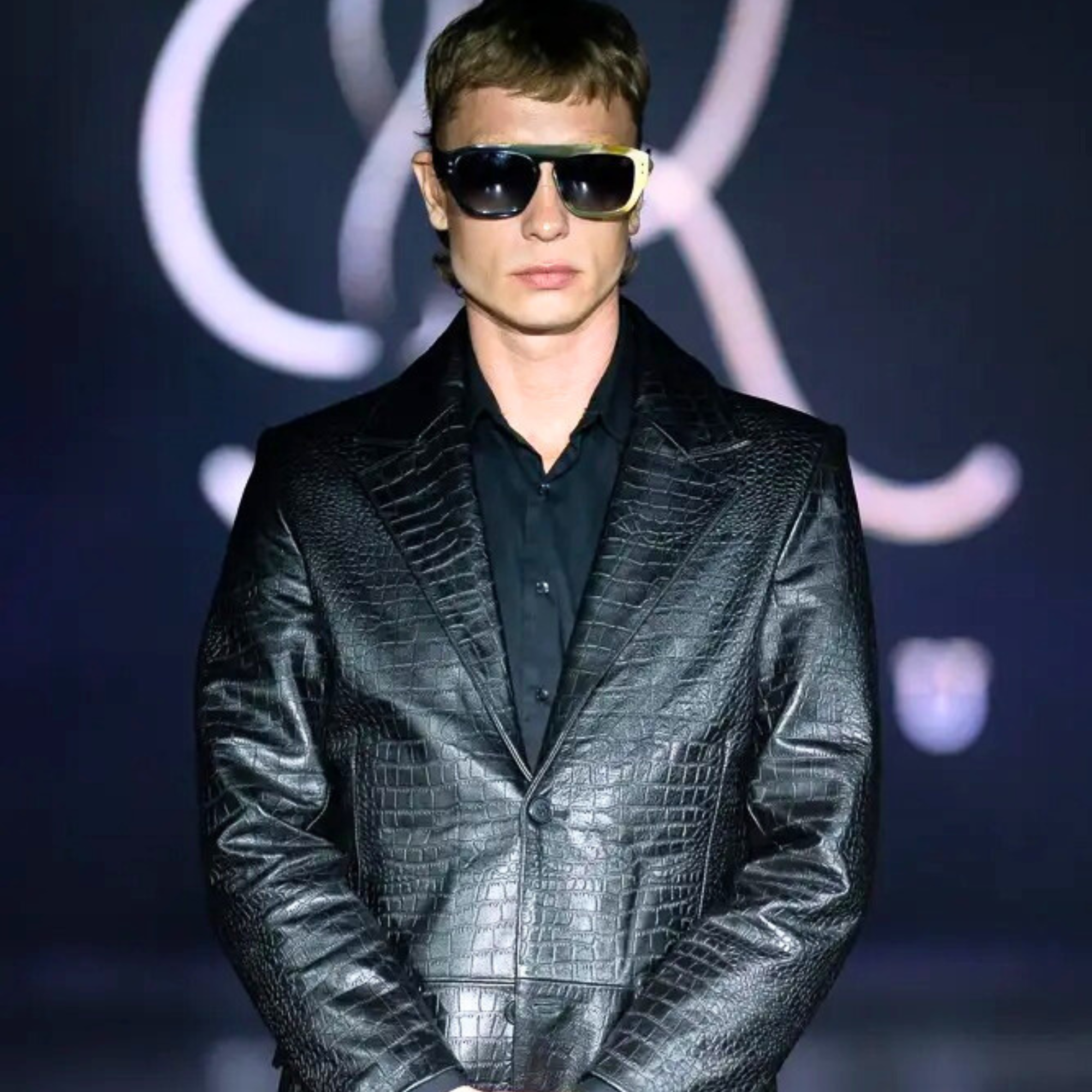 Best Men's tailored crocodile-stamped leather blazer with peak lapels - Top hand-stitched buttonhole and three-button cuff detail