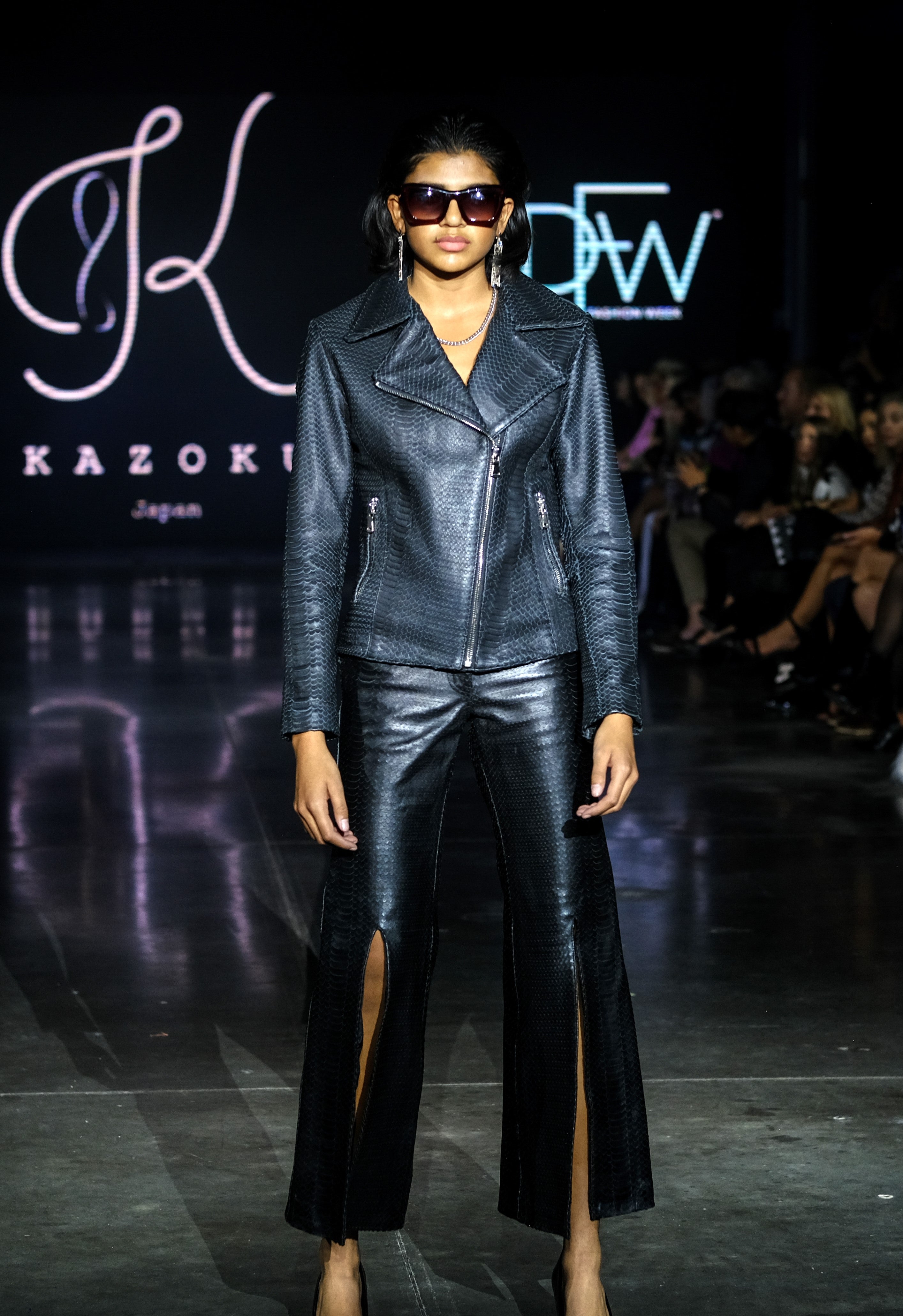 Black stamped snake leather wide leg pants for women - tailored fit snake leather pants with front zipper - Stamped snake leather texture detail on luxury women's pants