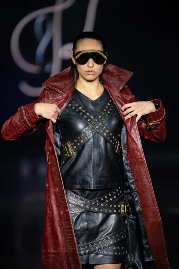 Burgundy stamped croc leather long coat – Red Monarch - Red Monarch long coat with waist belt and satin lining