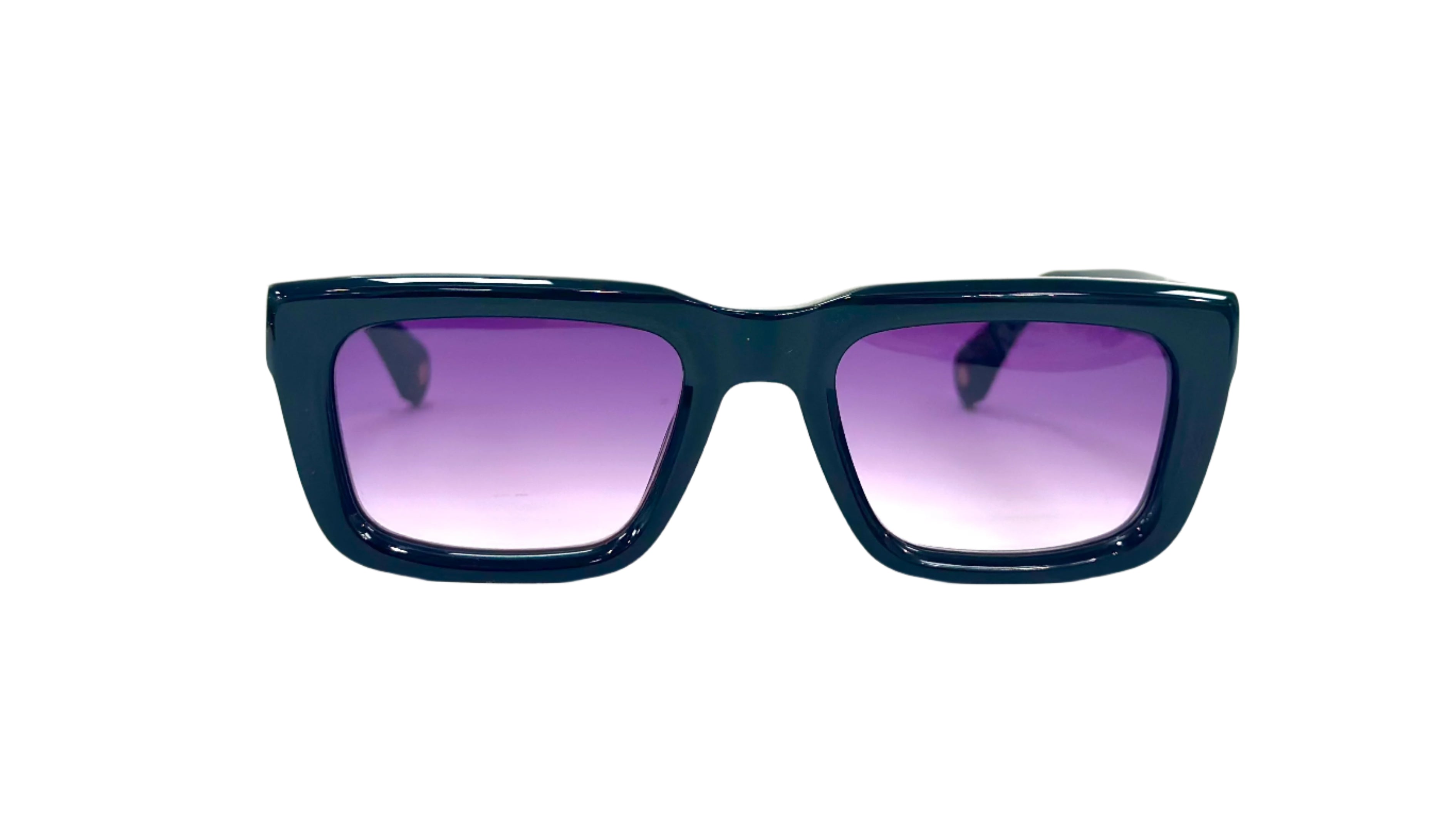 Rectangular sunglasses with thick, glossy black acetate frames and gradient purple lenses, shown from the front. These Kazoku lunettes DIEHARD sunglasses feature a UFIT bridge and offer scratch resistance, UV protection, and blue light filtering.