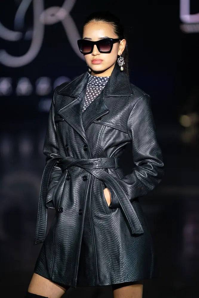 Hand-stitched buttonhole craftsmanship on Noir Phantom leather jacket - Satin polyester lining inside black stamped snake leather jacket