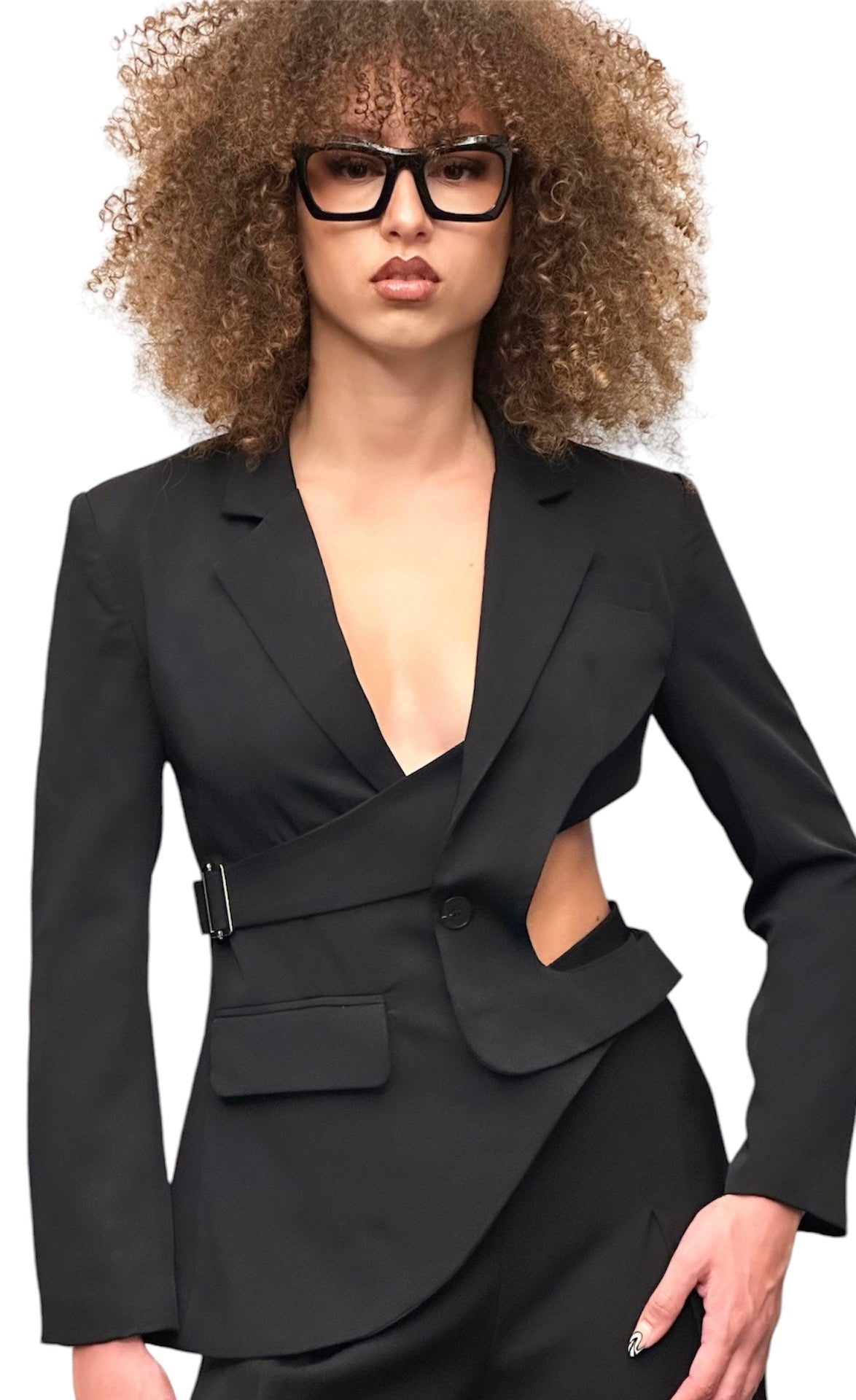 Notched Collar Blazer -
Women's Blazer-
Single Button Blazer-
Long Sleeve Blazer-
Open Back Blazer