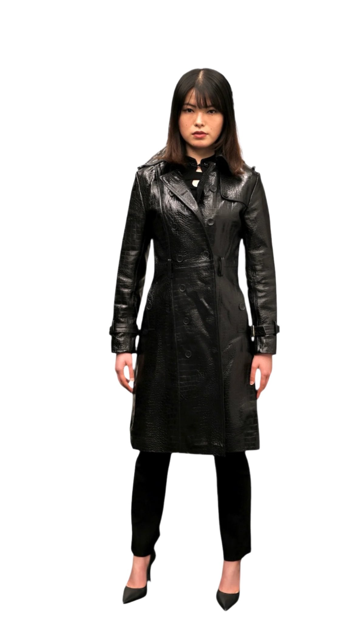 Kazoku Lunettes exclusive Noir Phantom croc leather jacket - Full outfit featuring Noir Phantom jacket and luxury accessories - Hand-stitched buttonhole and belt detail in natural light