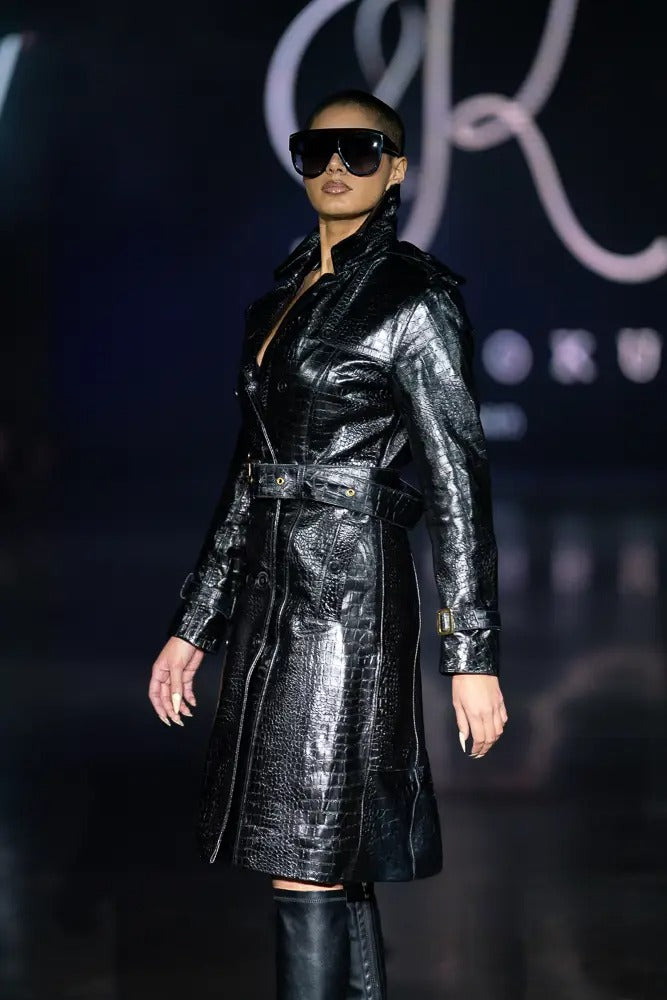 Long Black Noir Phantom jacket in black stamped croc leather - stamped croc texture and leather craftsmanship - Noir Phantom jacket displayed flat to showcase full design