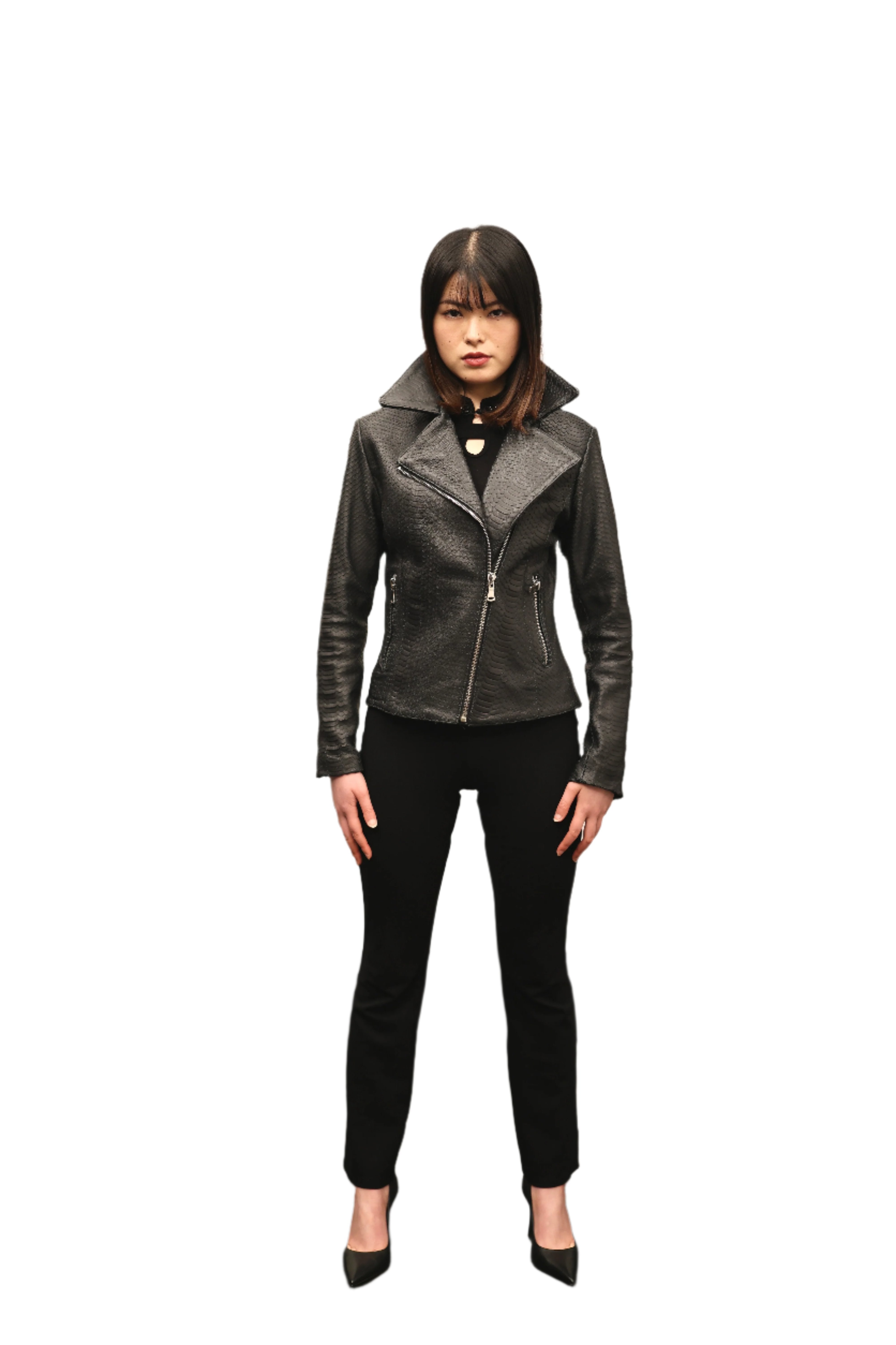 Model wearing fitted biker jacket with oversized collar outdoors - made-to-measure stamped python leather jacket