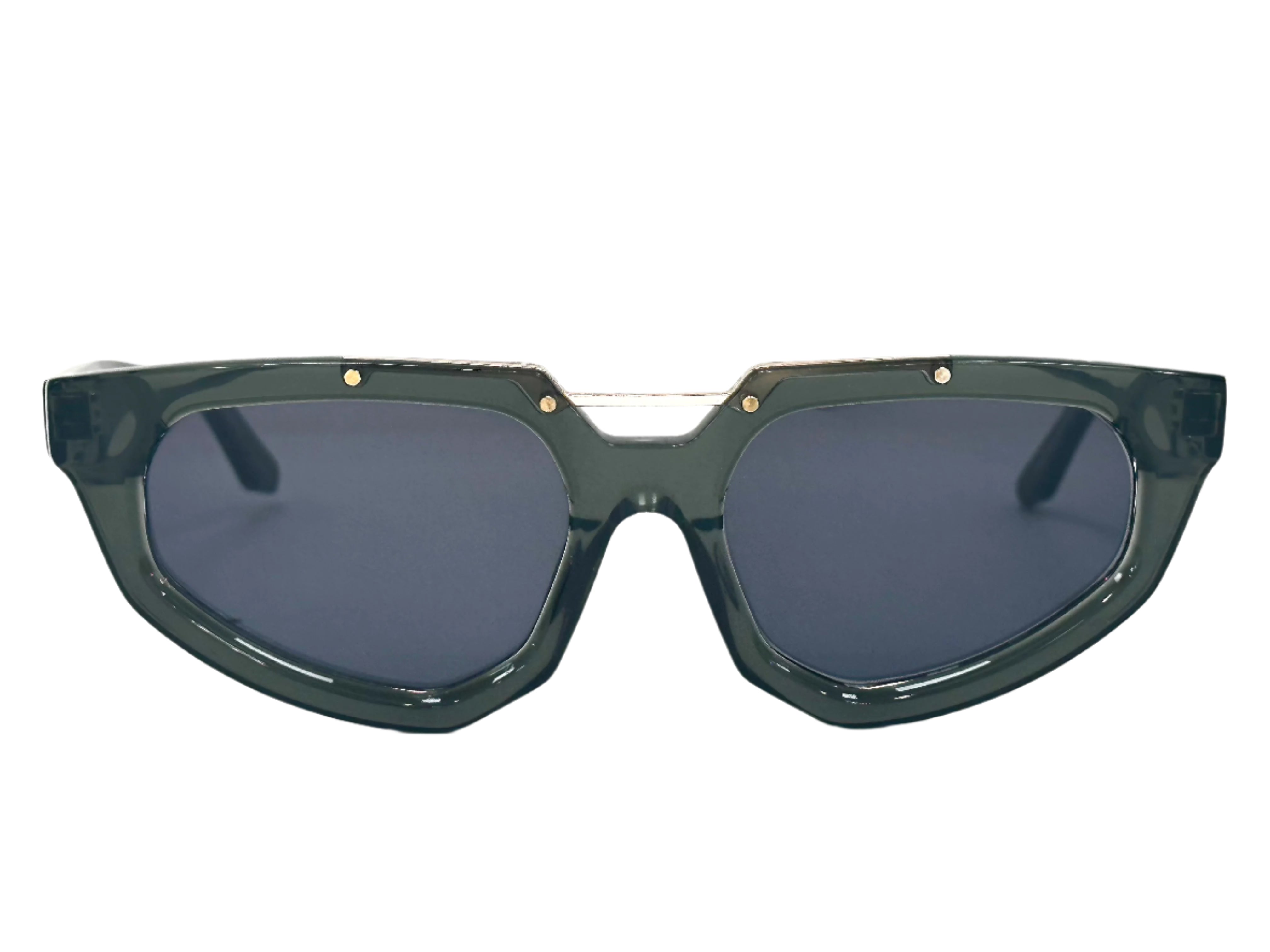 A pair of stylish sunglasses with a distinct geometric frame design. The lenses are dark and slightly reflective, and the frame features a glossy finish with gold accents.