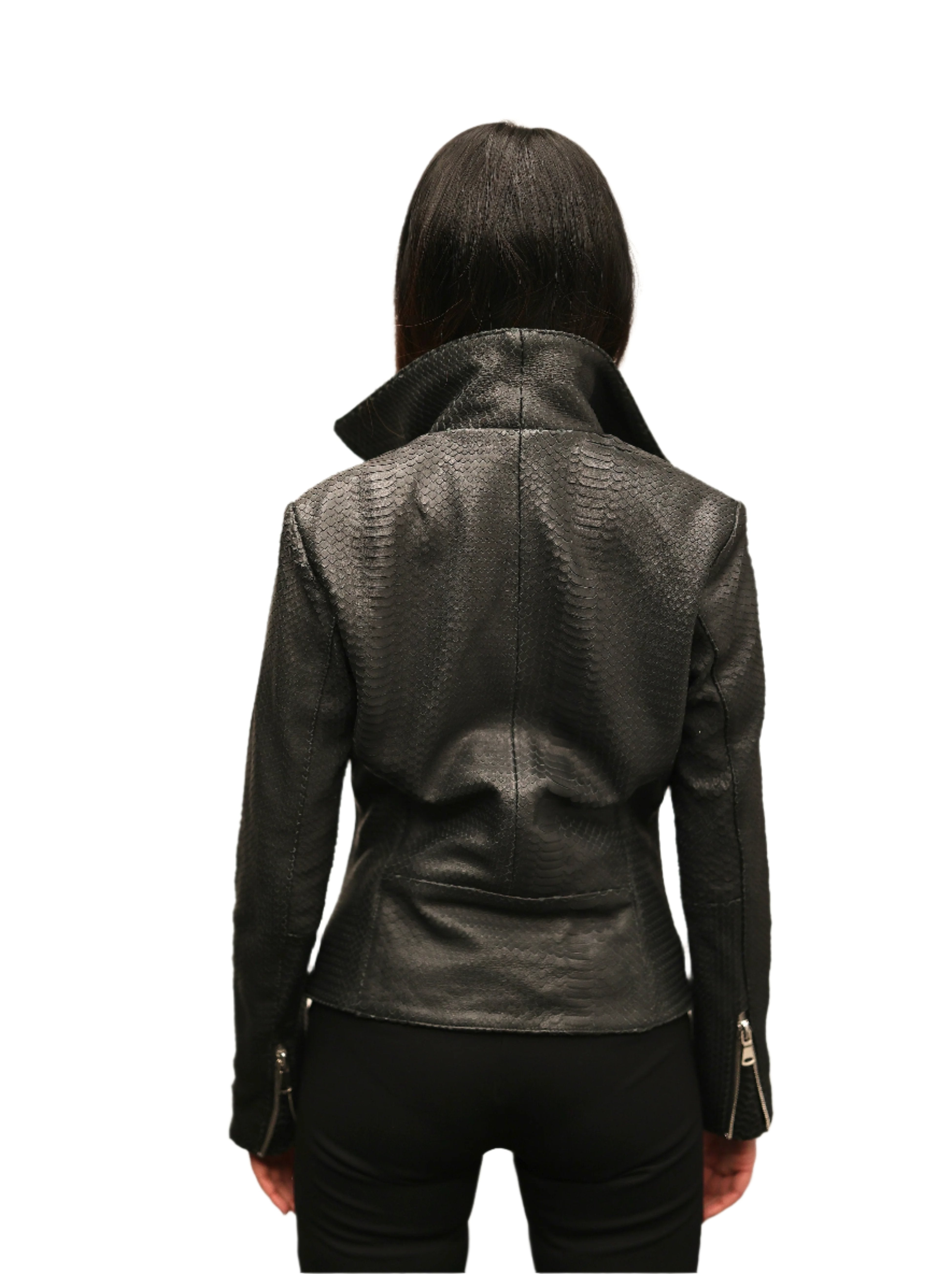 PYTHON BIKER JACKET - Satin polyester lining inside stamped python biker jacket - Orryx jacket displayed flat to showcase python leather pattern