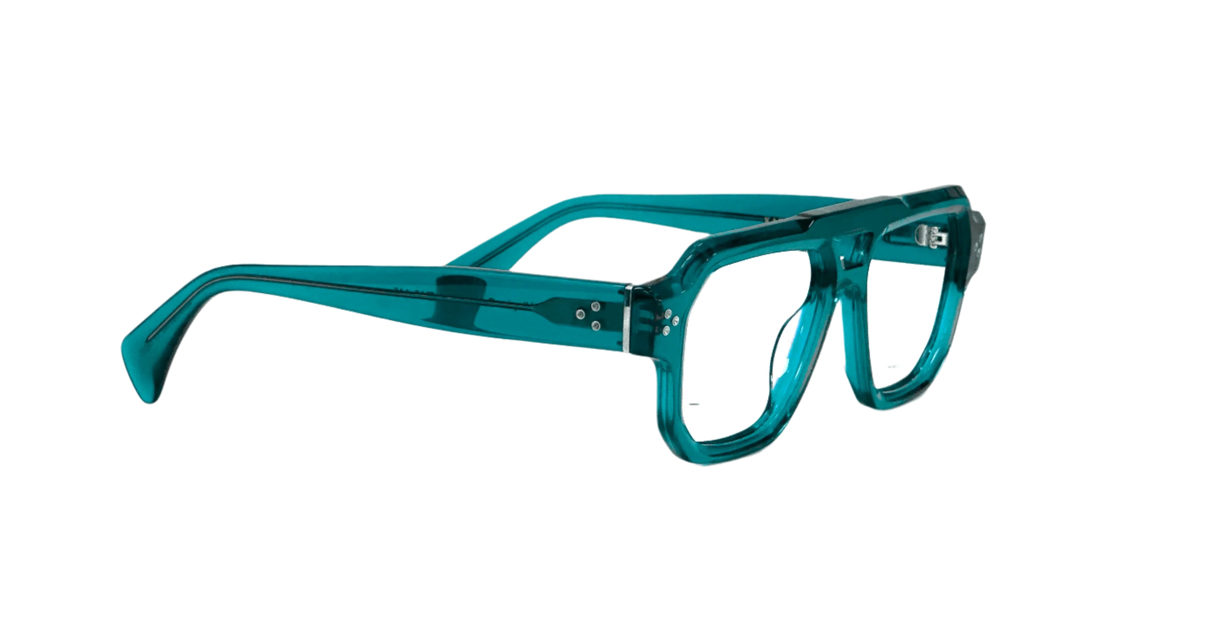 Teal eyeglasses on a white background