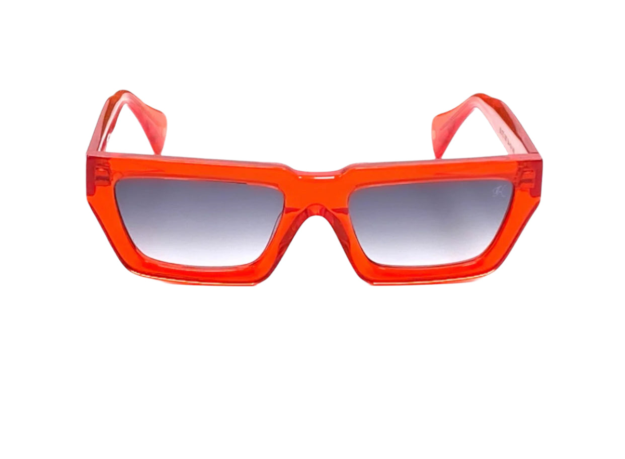 A pair of Kazoku lunettes BLITZ sunglasses featuring a bold, rectangular orange acetate frame with gray gradient lenses. The sunglasses have a U fit bridge and a modern, angular design.