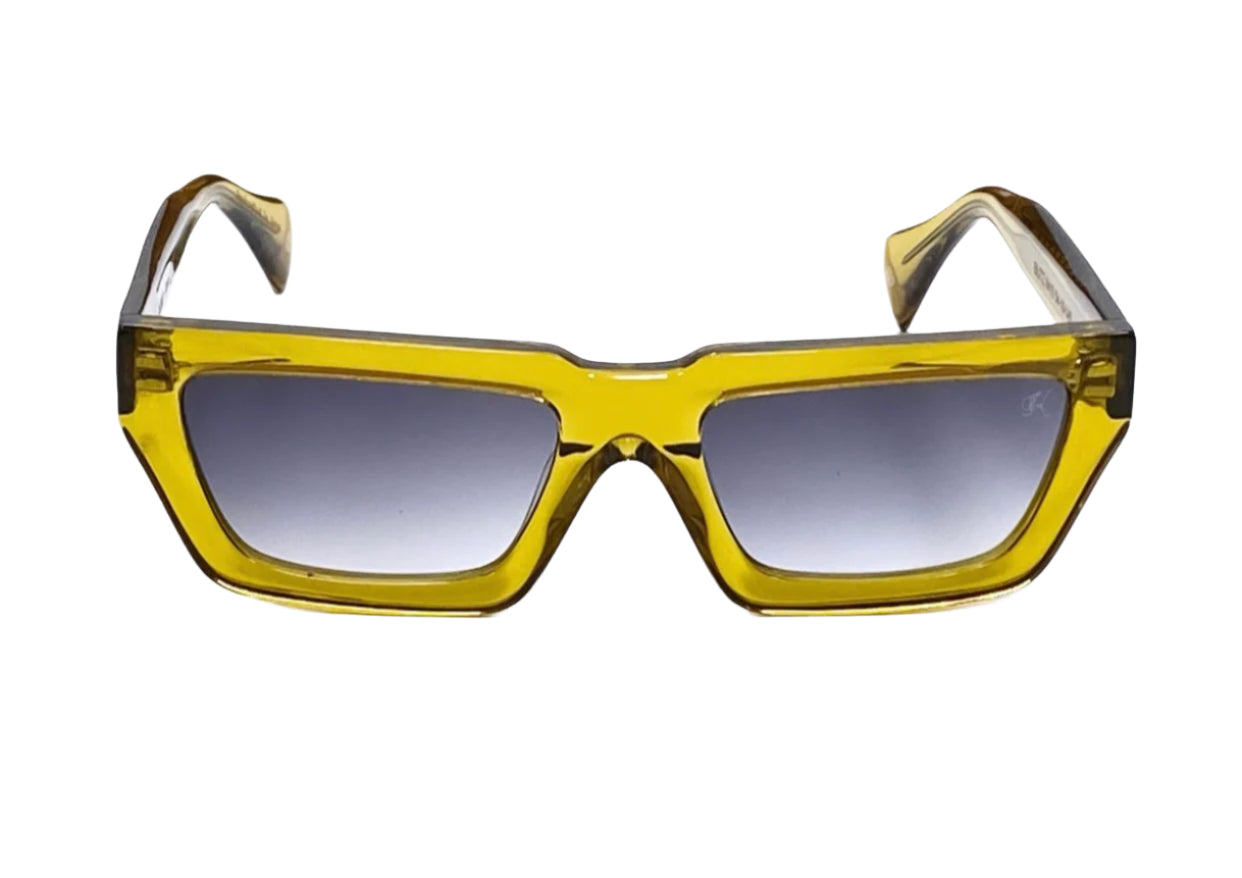 Yellow rectangular acetate sunglasses with thick frames and dark gradient lenses, shown from the front; a Kazoku Lunettes eyewear product called BLITZ.