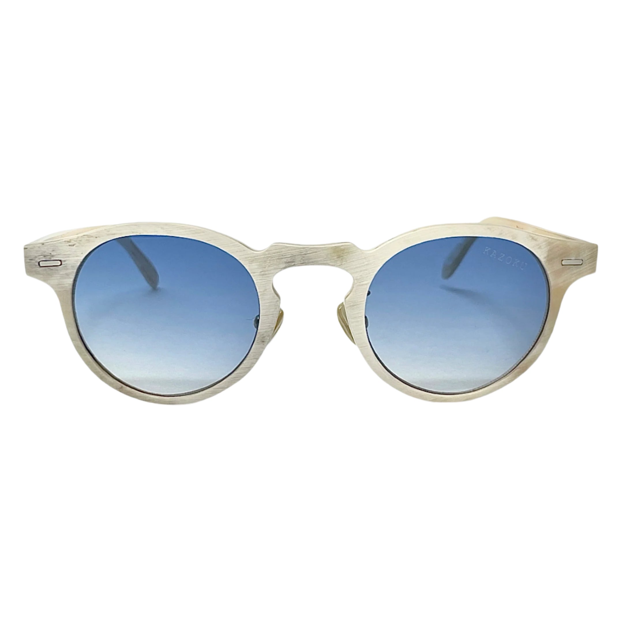 Bantam white horn limited edition glasses with gradient blue lenses - Handcrafted horn nose pads for comfort on premium eyewear - Gradient blue CR39 lenses in exclusive horn frame collection - Bantam limited edition white horn glasses