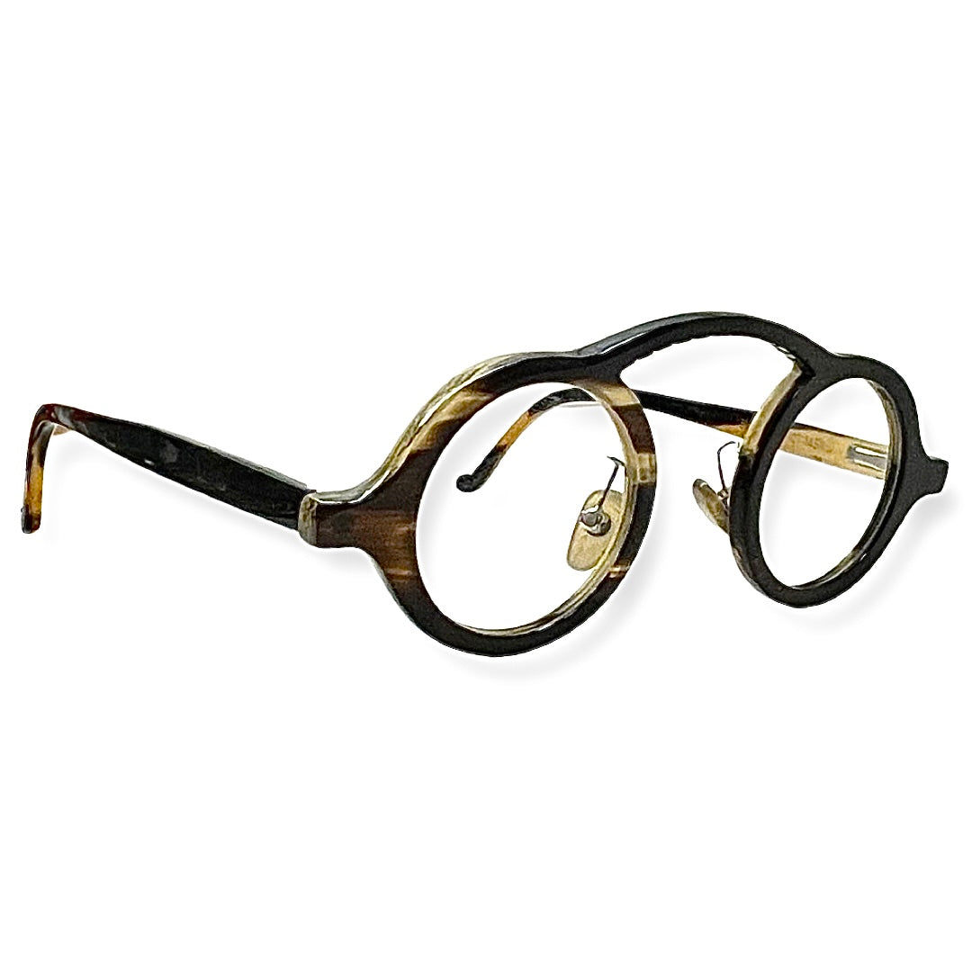 Blackout unique horn pattern on Blackout luxury glasses - Blackout horn glasses displayed showing scratch-resistant CR39 lenses - Blackout optical glasses highlighting spring hinge mechanism - Brown and black horn glasses with distinctive yellow stripe detailing