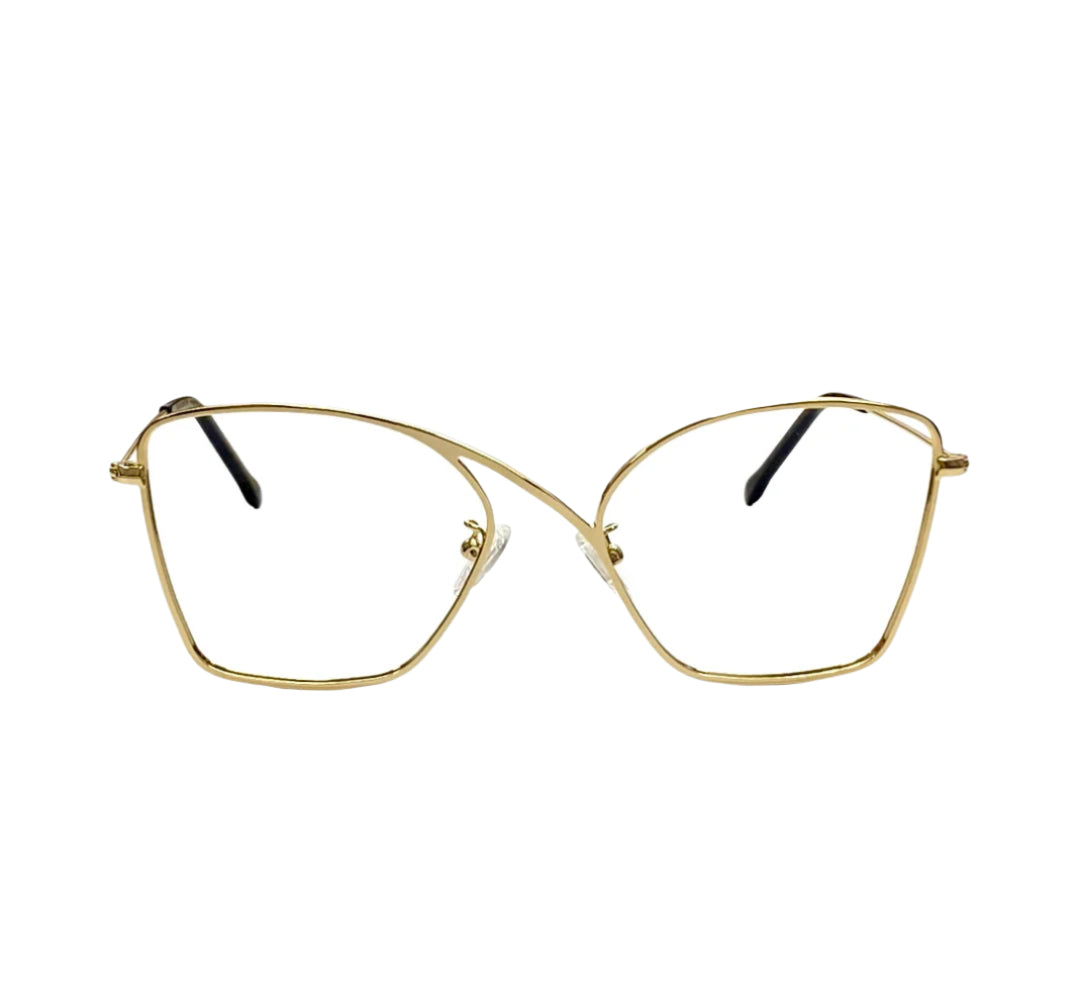 A pair of Kazoku lunettes EUPHORIA eyeglasses with a geometric, cat-eye shape, 18K gold-plated metal frames, clear lenses, black temple tips, and silicone nose pads.
