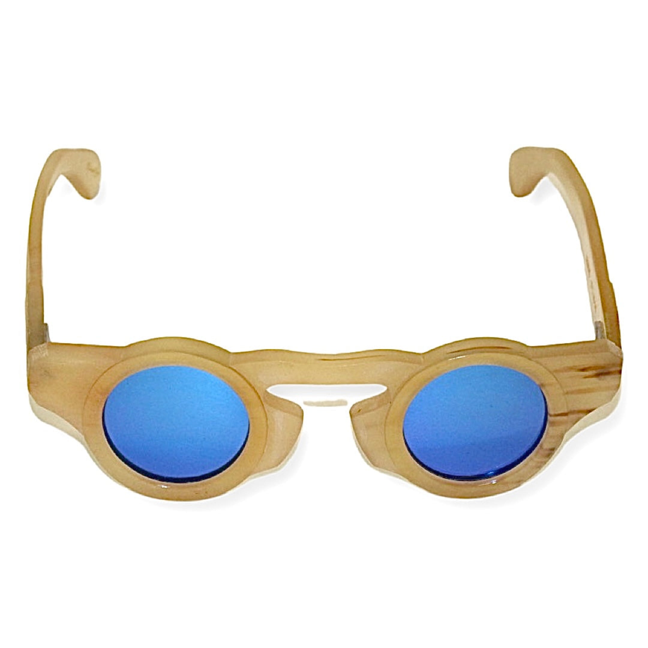 Legend sunglasses with honey horn frame and blue lenses on a wooden surface - Handcrafted genuine buffalo horn sunglasses – Legend model by Kazoku - Brown horn sunglasses with spring hinges and UV protection.
