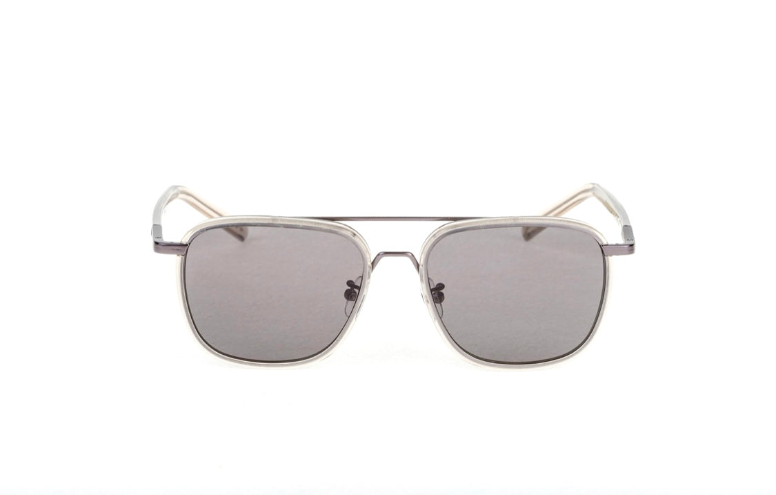 A pair of gray-tinted, rectangular sunglasses with transparent plastic frames