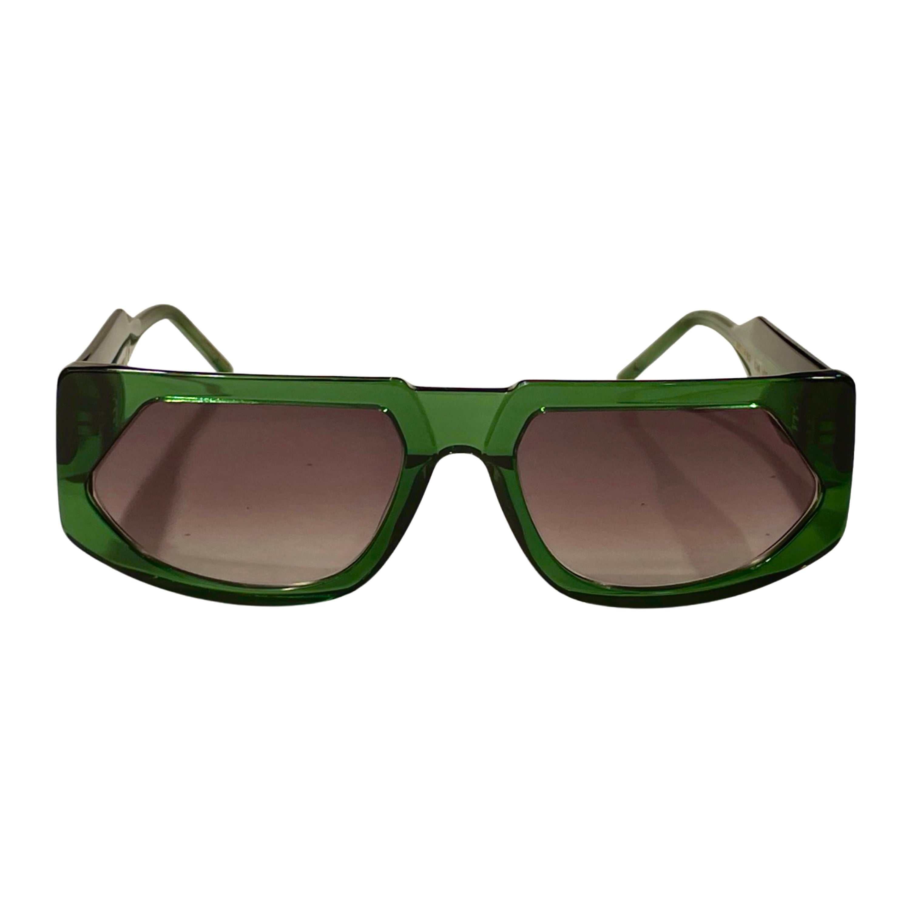 A pair of green sunglasses featuring purple lenses, designed as a stylish accessory for eyewear - Comfortable U-Fit bridge close-up - CR39 gradient lenses color transition