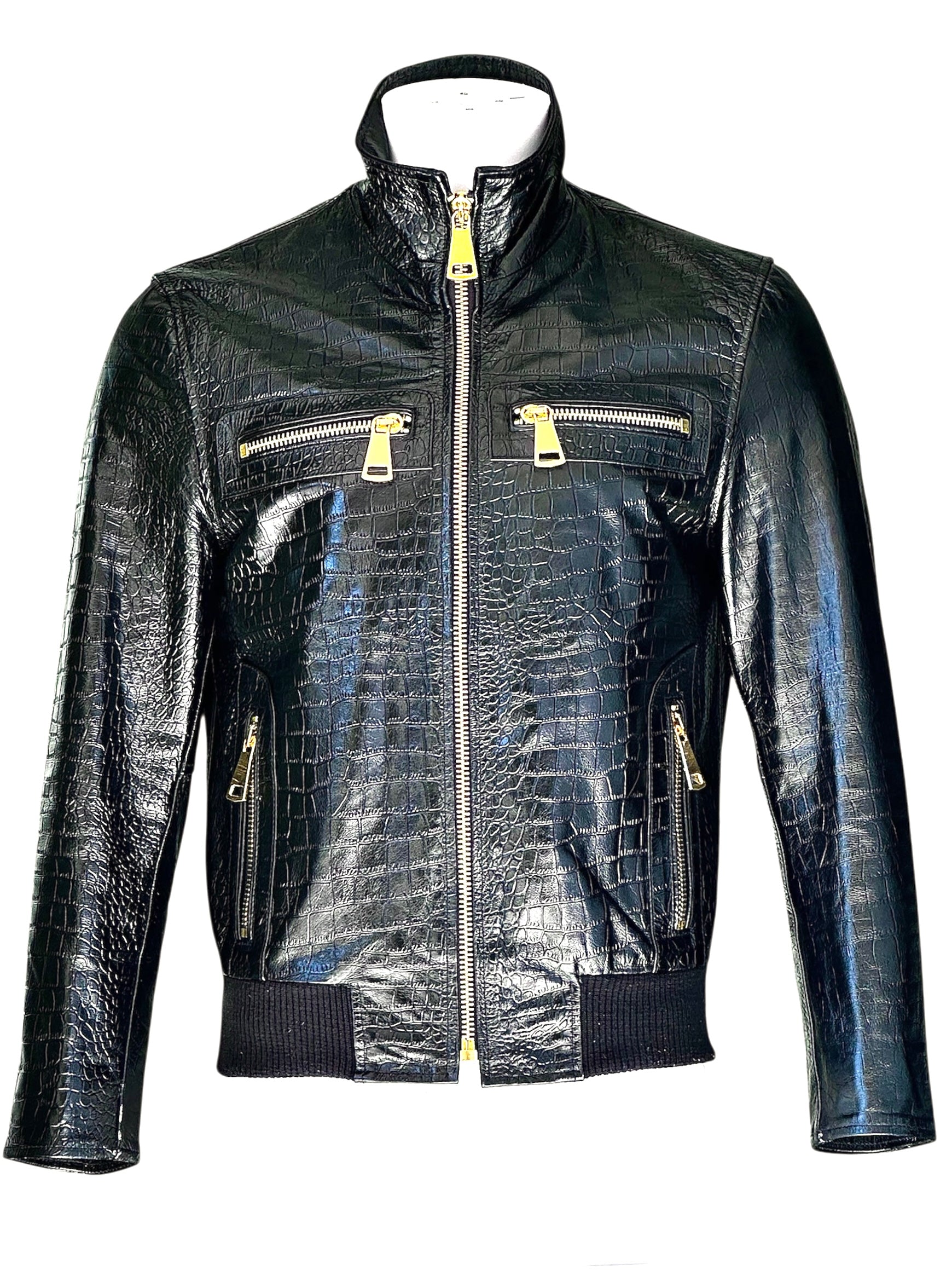 Black leather jacket with gold zipper - Premium Leather Bomber Jacket with Zipper Closed - Crocodile Print Cowhide Jacket Lifestyle Street Style - Detail of Sturdy Metal Zipper on Leather Coat - Leather Icon Bomber Jacket Hanging Display
