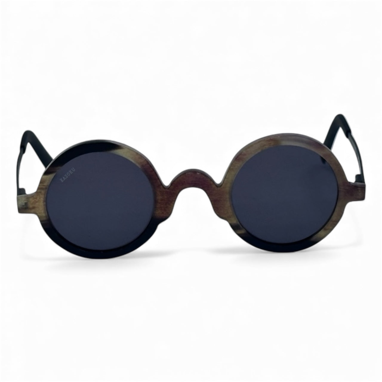 Round sunglasses with wooden frame and dark lenses - Blackbird genuine horn sunglasses with grey lenses and brown-yellow stripes