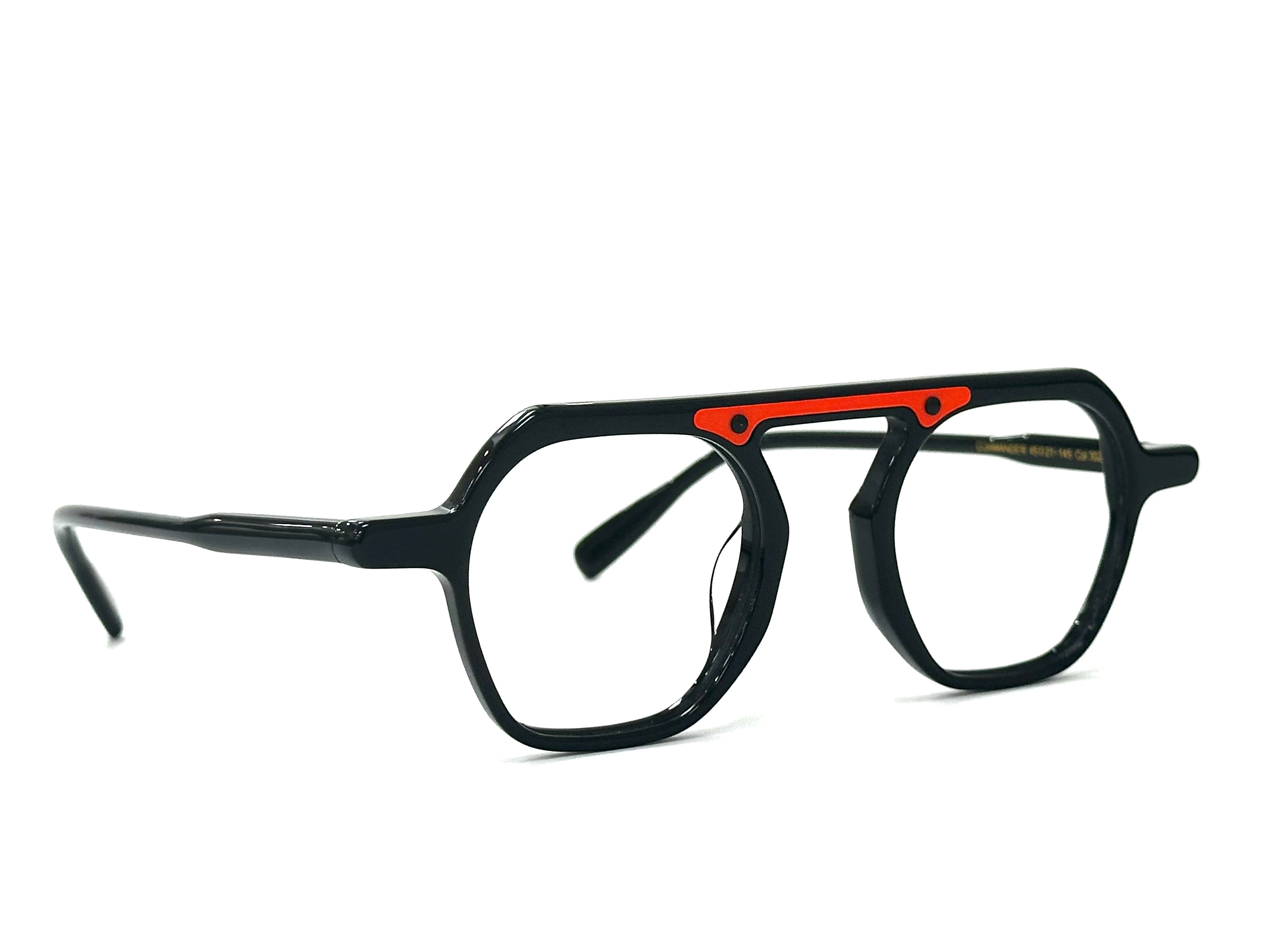 Black eyeglasses with red accents - COMMANDER glasses folded for storage - UV protection lens demonstration