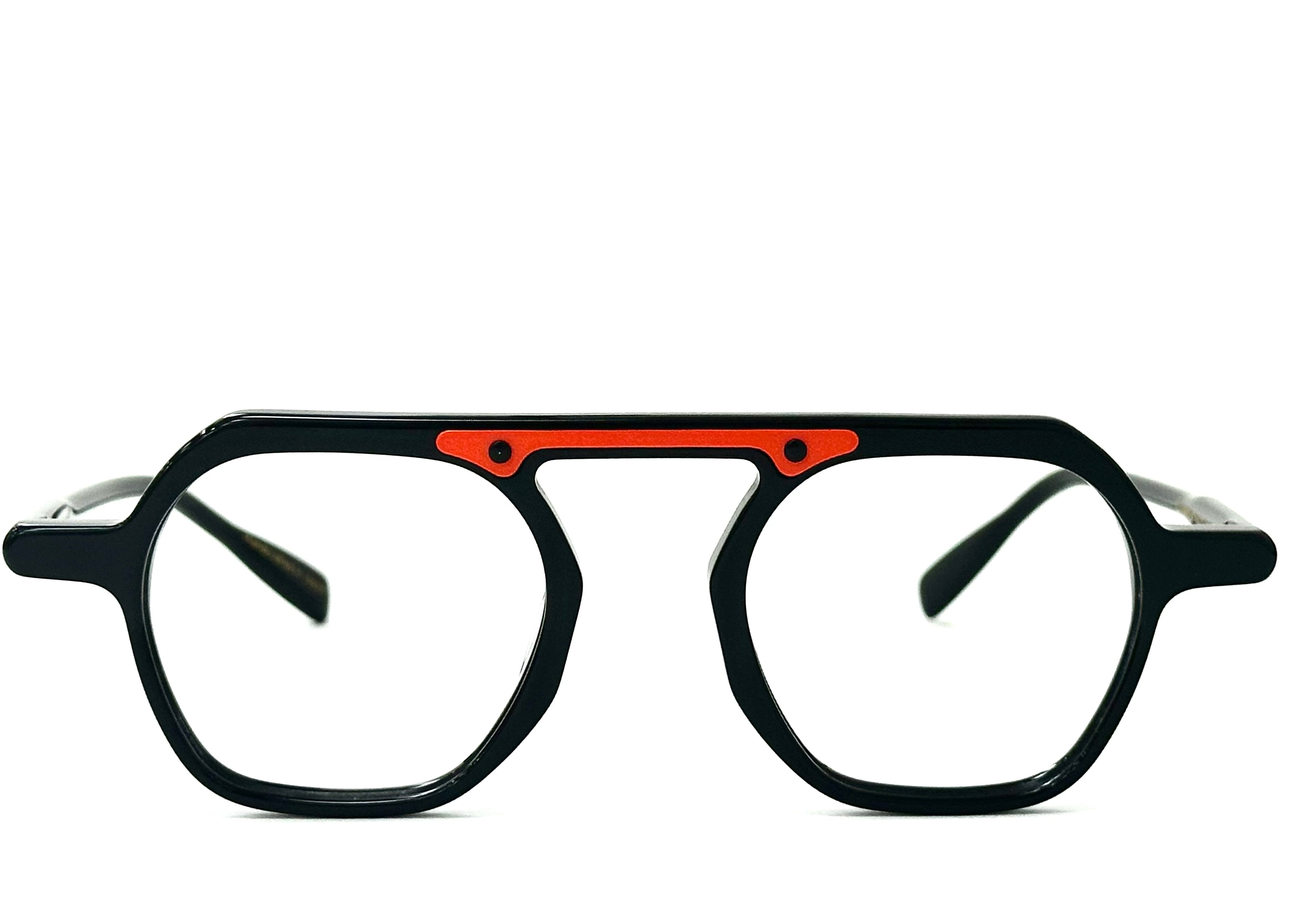 A pair of black and red glasses with a stylish design - U-Fit bridge comfort close-up eyewear
