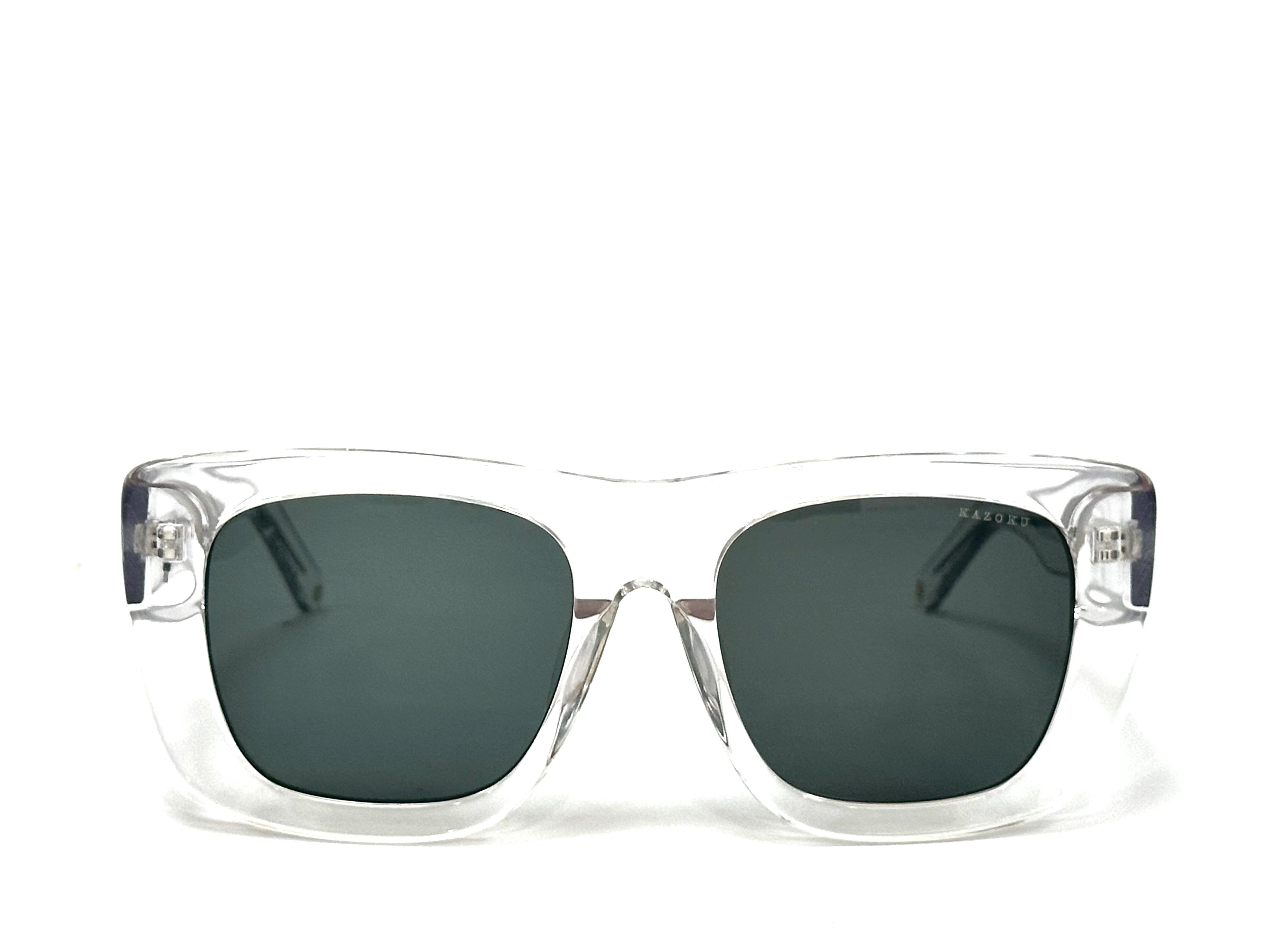 Clear frame sunglasses with dark lenses - Side profile of ICON frames - ICON sunglasses folded view
 - Anti-reflection lens test