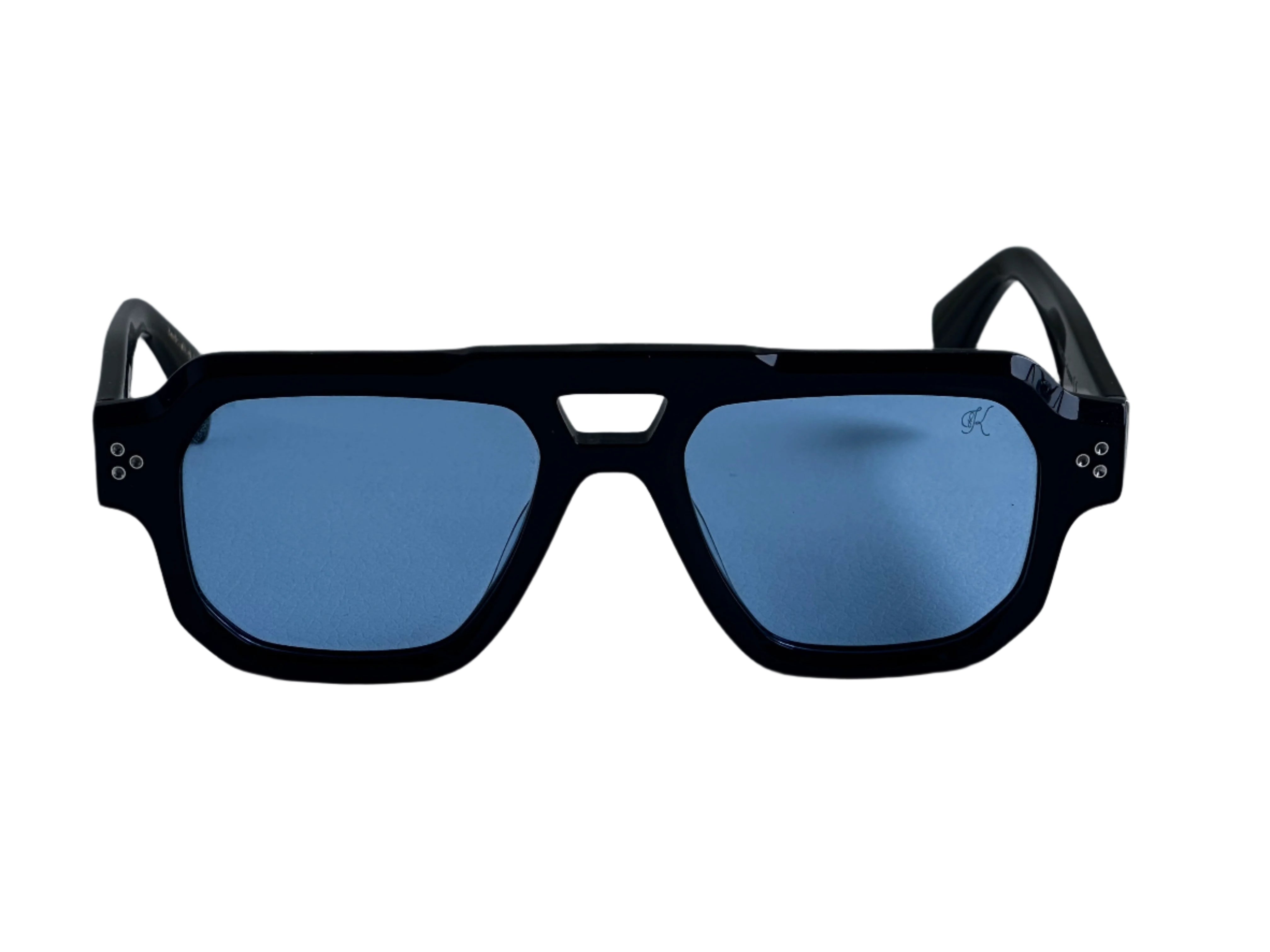Black sunglasses with blue lenses on a light gray background