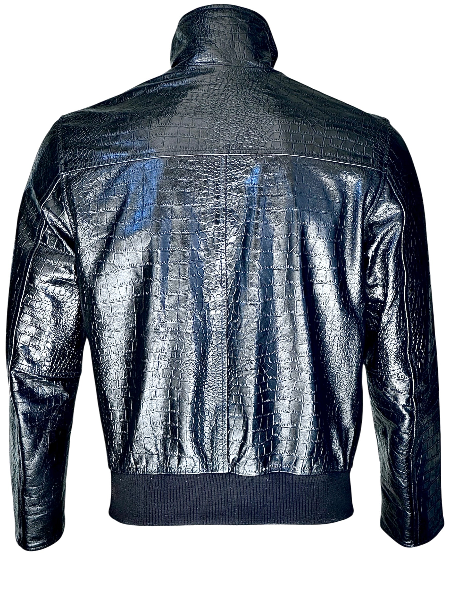 Men's Premium Cowhide Bomber with Crocodile Stamp

Kazoku Lunettes Leather Jacket Side Profile - Close-Up of Crocodile Stamp Leather Texture Detail - Leather Icon Bomber Jacket Showing High Collar
