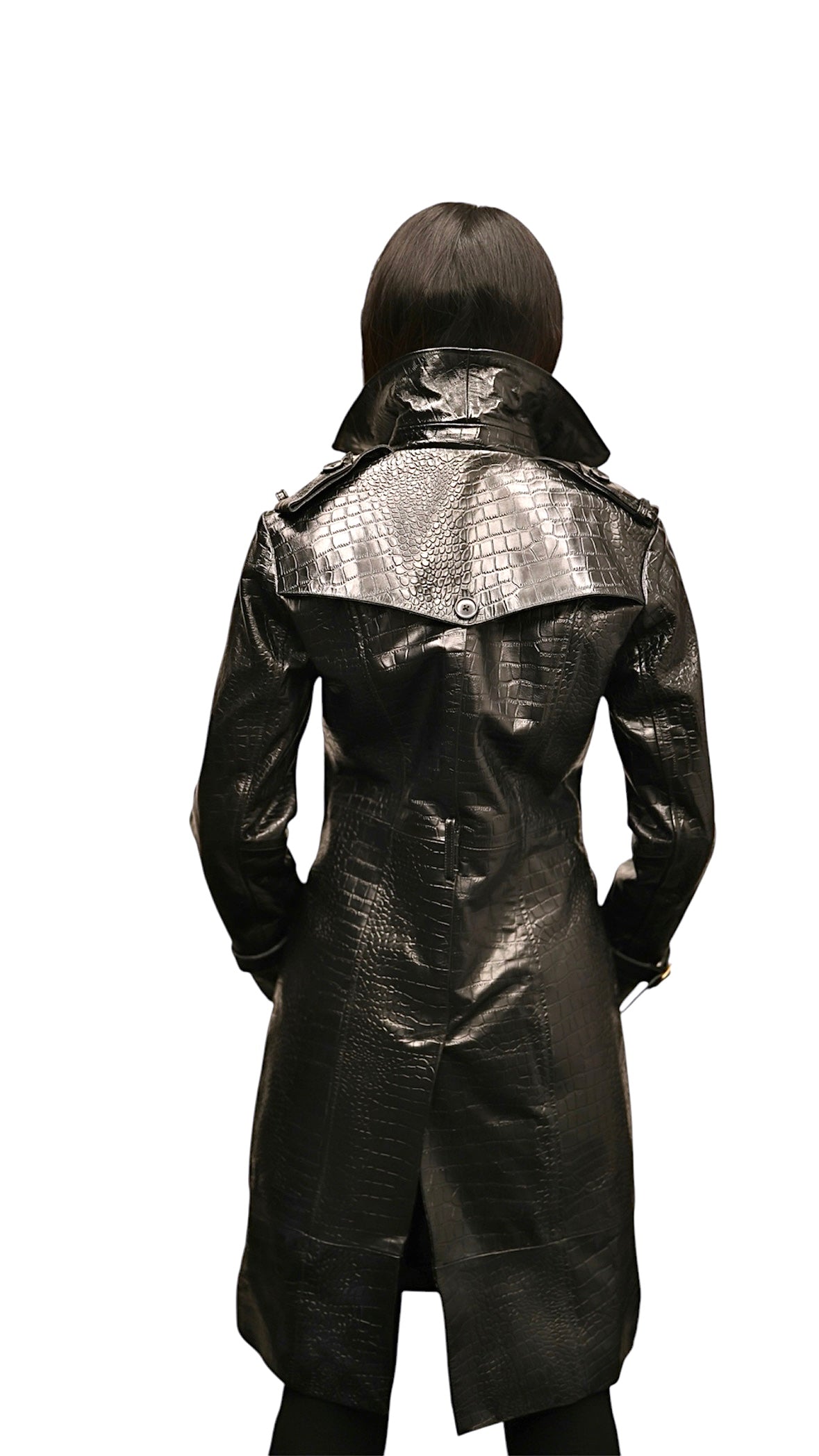 Lifestyle photo of woman in Noir Phantom leather jacket outdoors - Noir Phantom in sizes S, M, L – available for custom fitting - Leather jacket with waist belt and elegant buttonhole