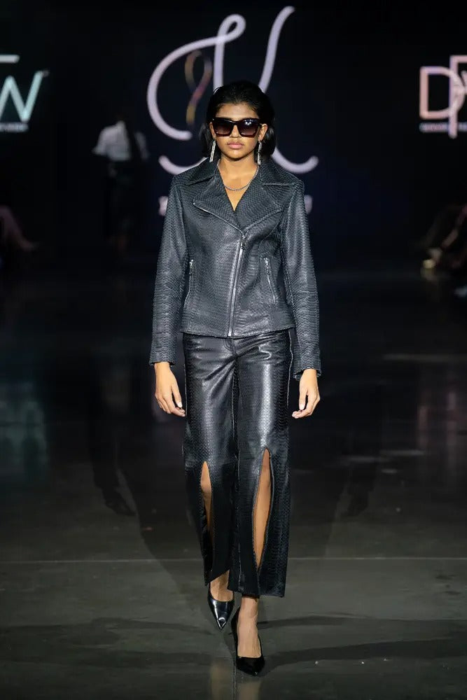 Stamped python leather Orryx biker jacket with oversized collar - matte black python leather jacket with wrist zippers

