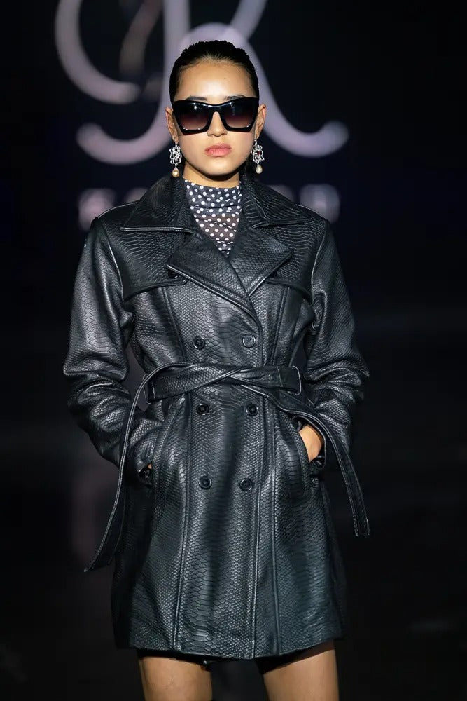 Stamped snake leather Noir Phantom jacket with waist belt - Noir Phantom jacket with hand-stitched buttonholes - stamped snake leather texture and waist belt design

