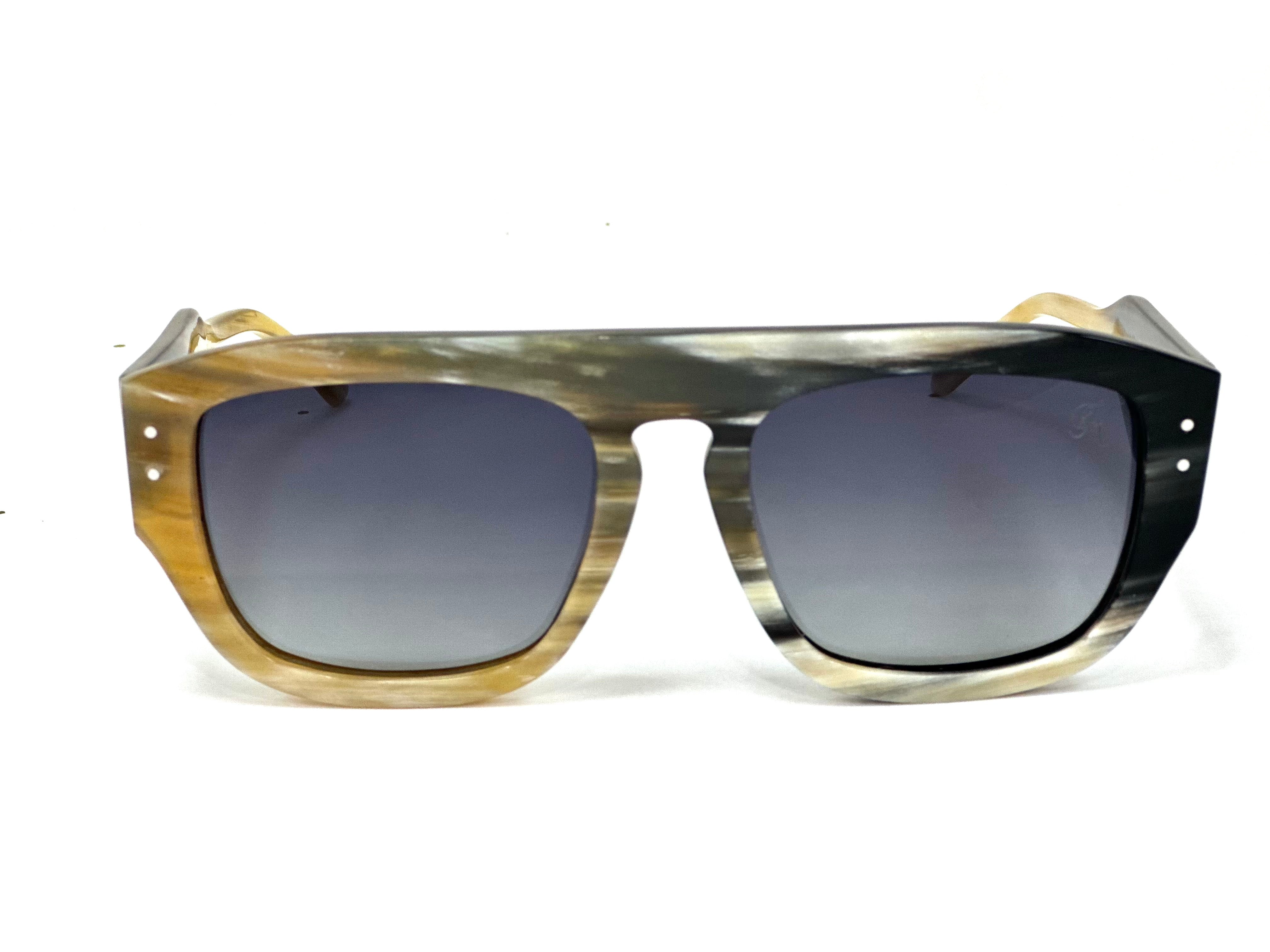 Sunglasses with a wooden frame and dark lenses - Limited edition horn and polycarbonate glasses collection - Handcrafted premium eyewear with spring hinge construction