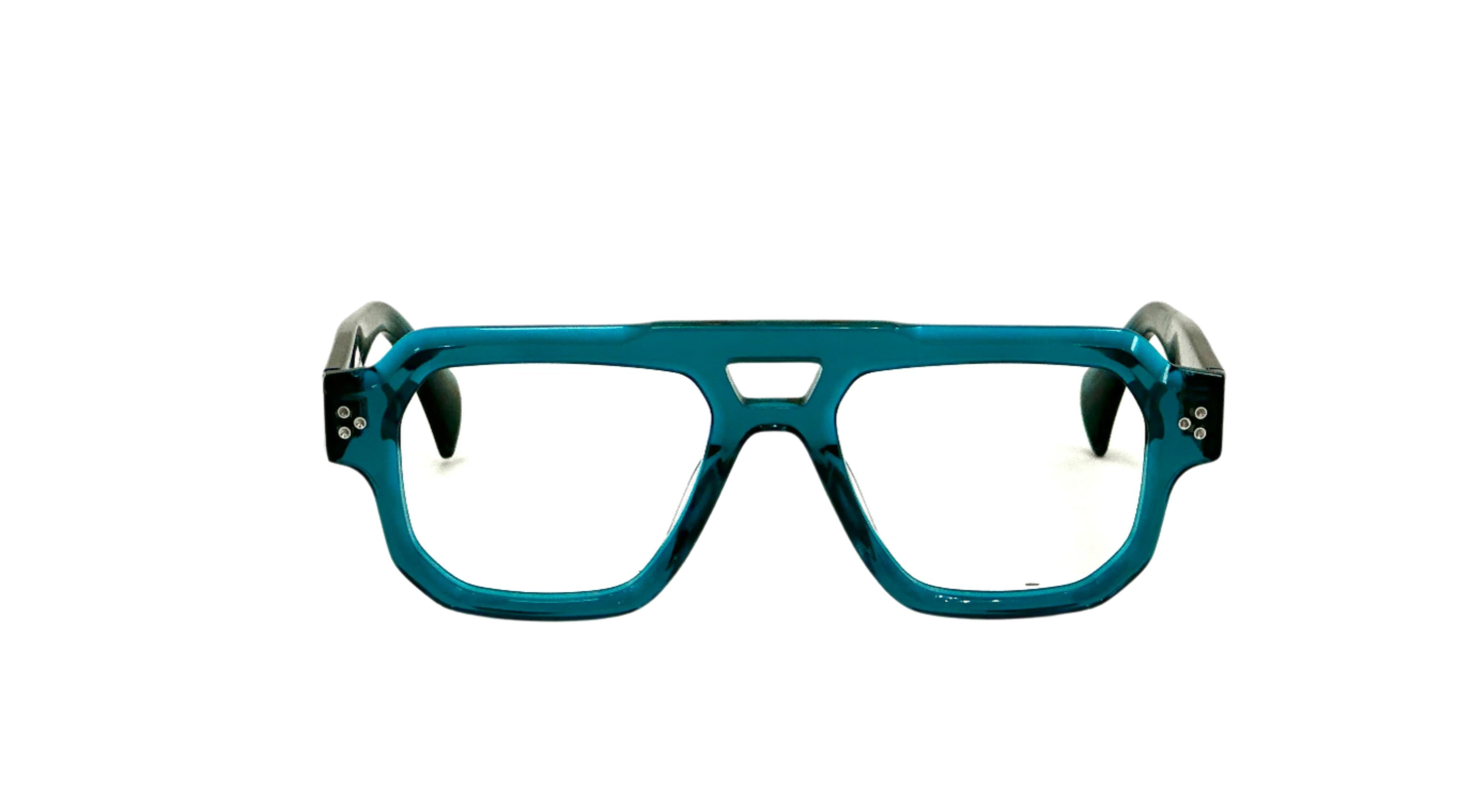 Teal eyeglasses on a white background