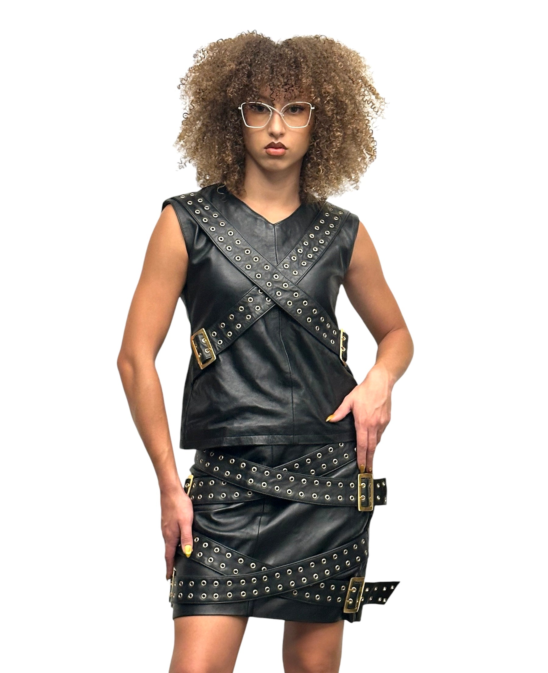 Black Leather Vest – Gold Buckles, Made to Measure