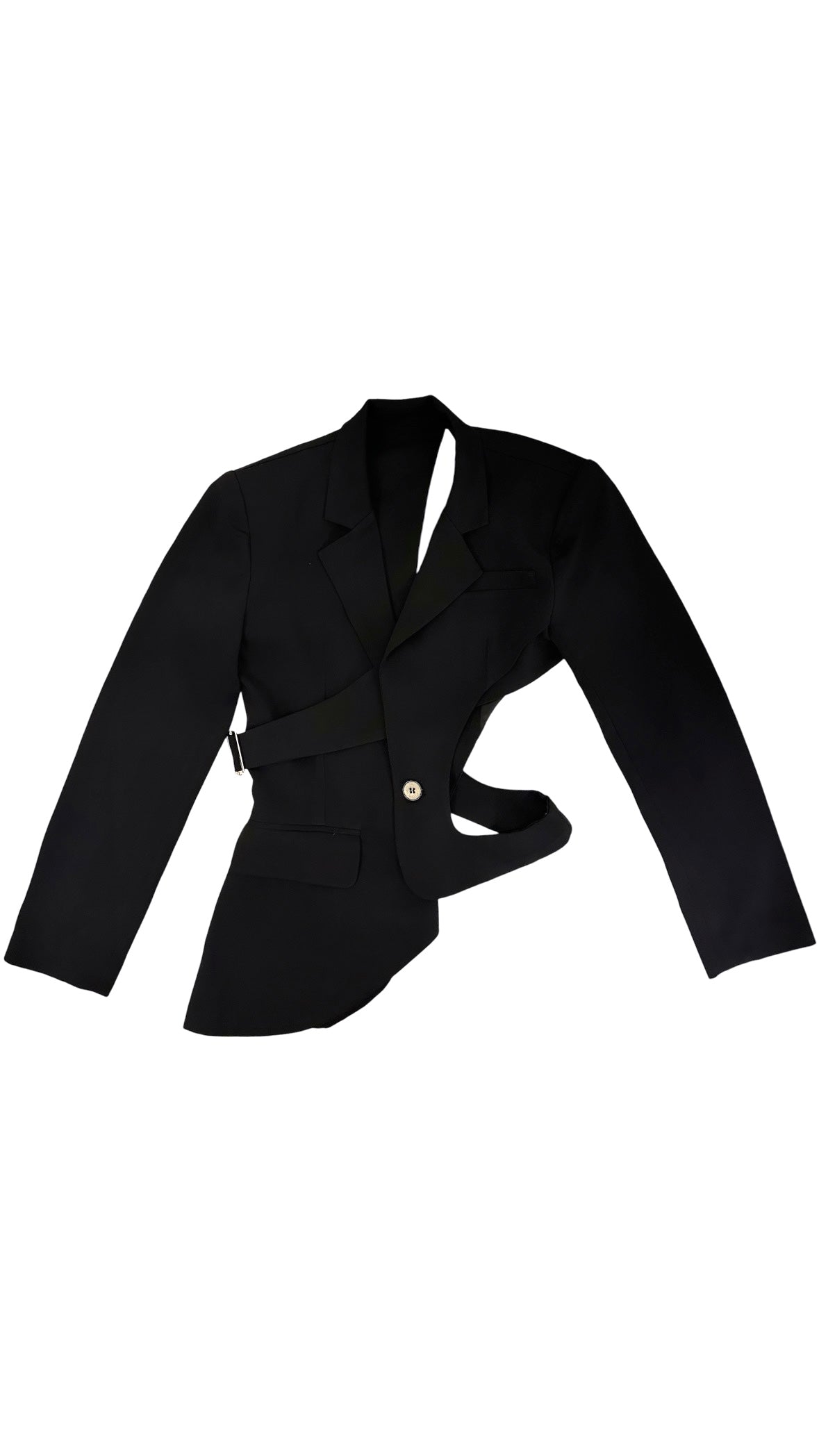 Women Black fabric texture – cotton-polyester blend luxury blazer - Backless blazer design with structured notched collar