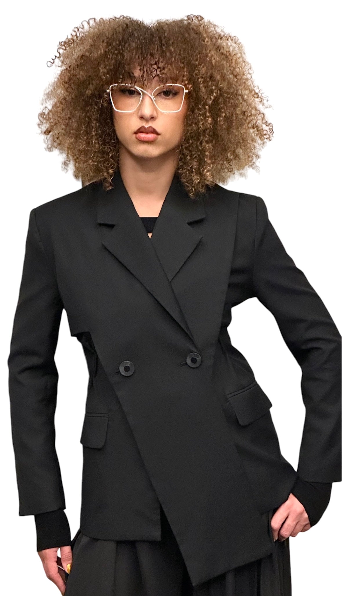 Women’s blazer with cross lapel, captured in natural daylight - black oversized blazer for women - High-quality black blazer with cross collar – elegance in simplicity
