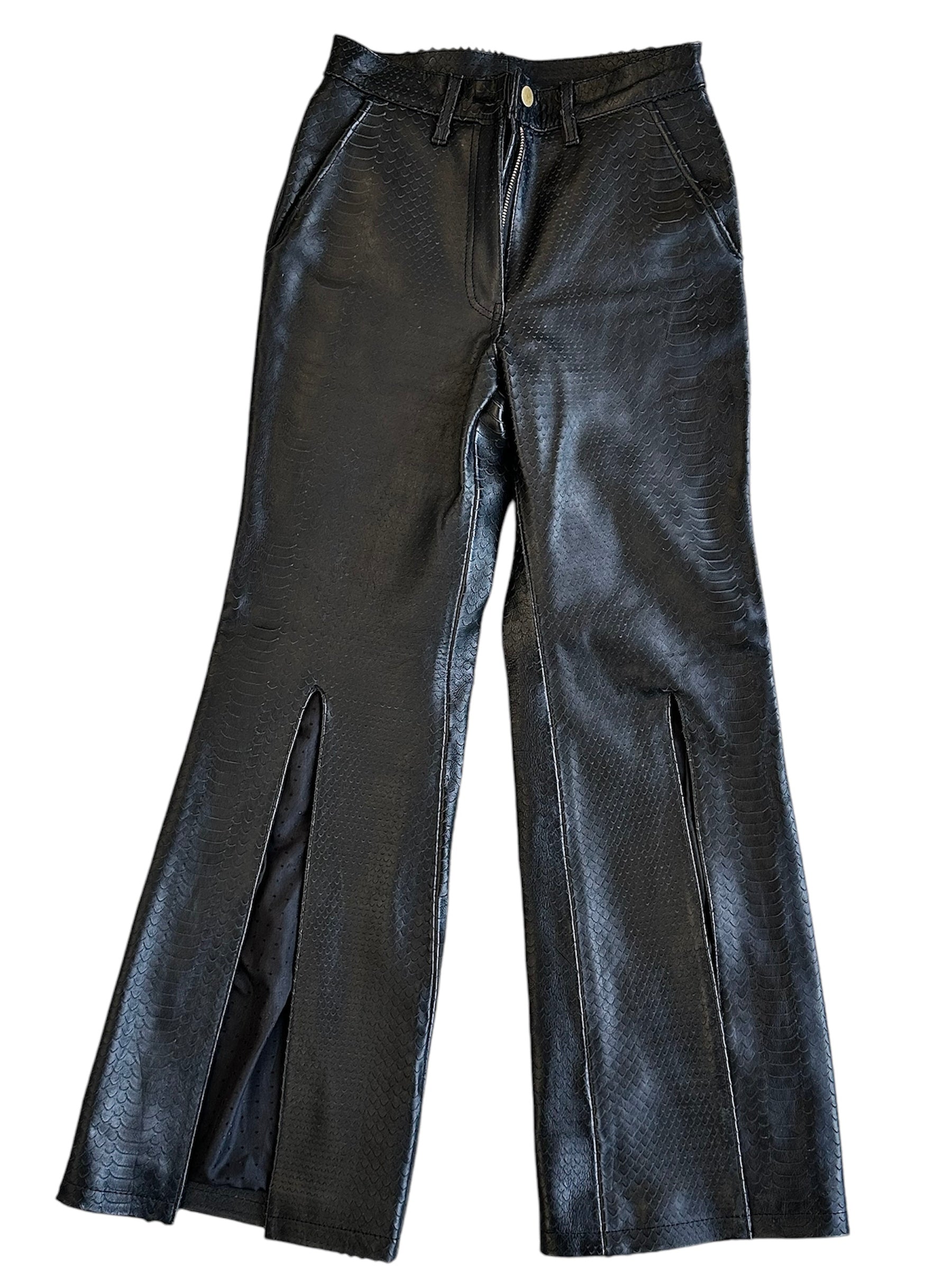 Model wearing wide leg snake leather pants with elegant top - Made-to-measure leather pants displayed flat to show design - polyester lining inside tailored leather pants