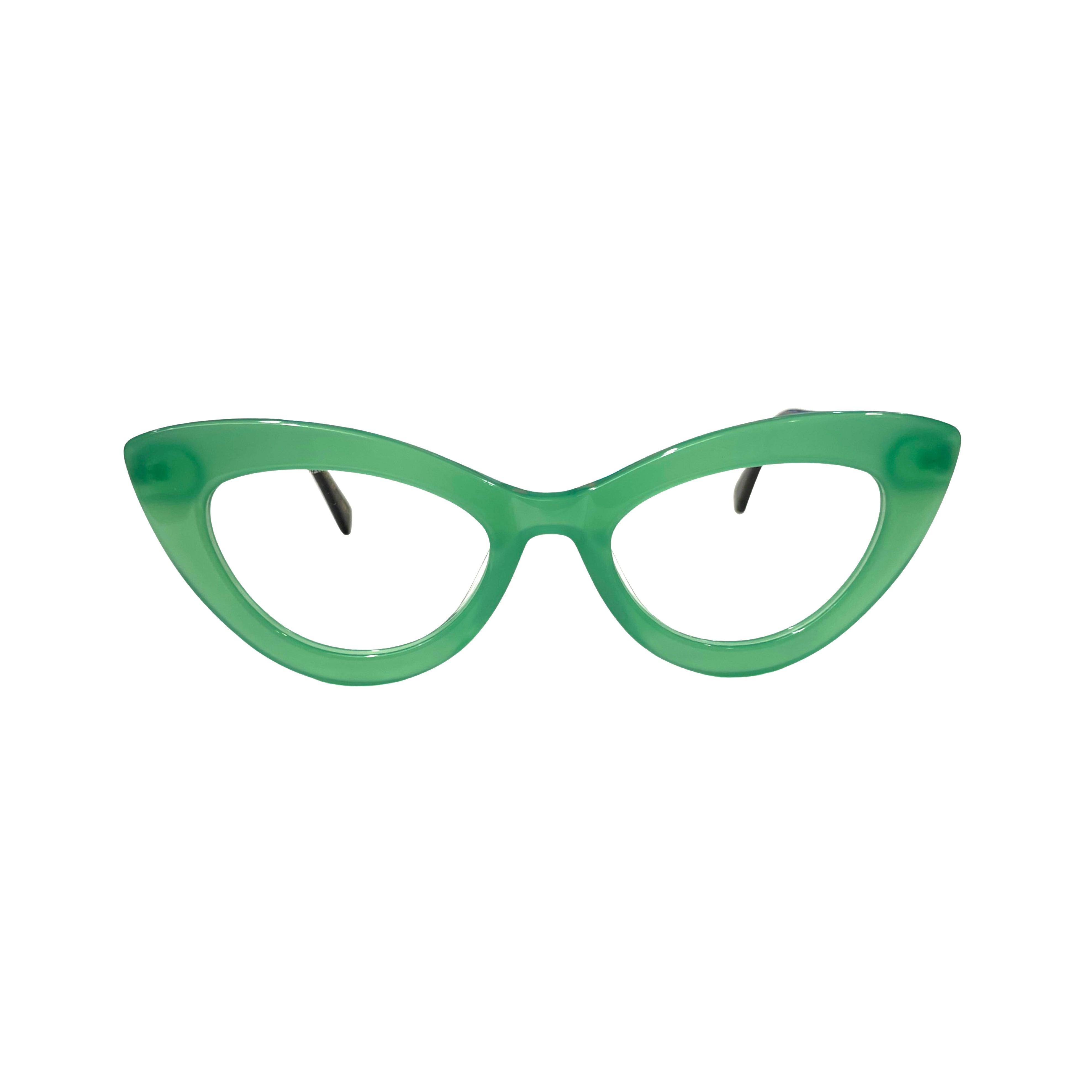 A pair of green acetate eyeglasses with a U fit bridge and spring hinges -  Comfortable glasses with flexible spring hinges - Classic acetate eyeglass frames
