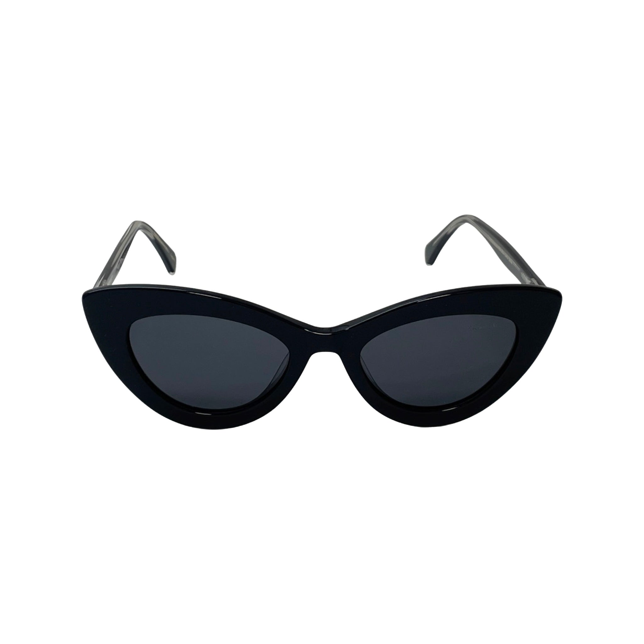 Cymophane pair of black cat eye sunglasses with a stylish frame, reflecting light - CYMOPHANE glasses protecting against office lighting - Acetate frame showing unique pattern details