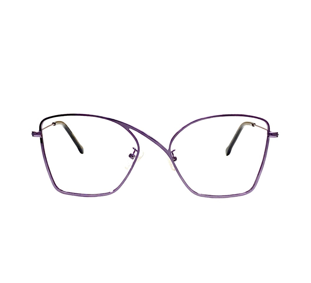 polycarbonate lens eyewear - A pair of Kazoku lunettes EUPHORIA optical eyewear with large, geometric cat-eye frames in purple metal, featuring clear lenses, silicone nose pads, and black temple tips.