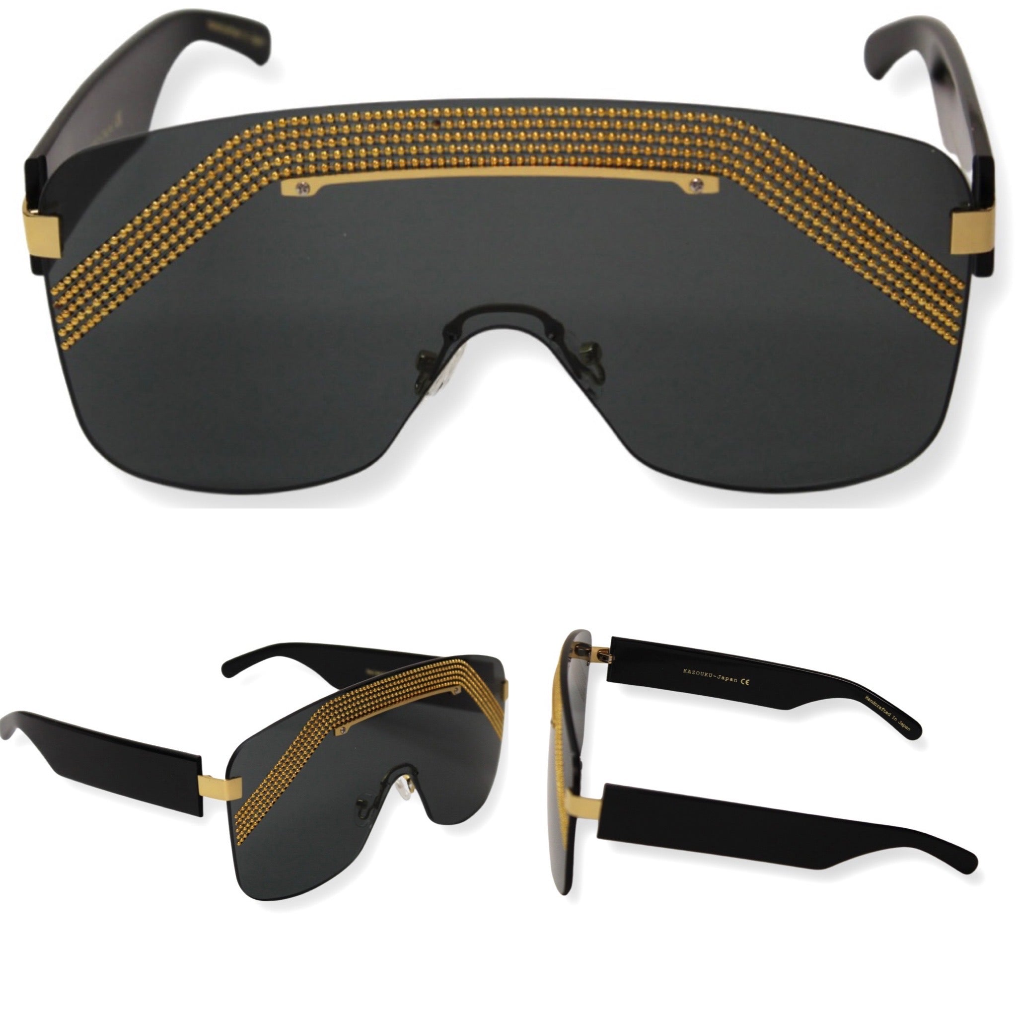 Gold-coated temple and bridge detail on Relentless luxury sunglasses - Lifestyle image: man wearing Relentless sunglasses in urban setting.

Kazoku Relentless sunglasses – front view with lens reflection highlight.

Men's statement eyewear: Relentless shield sunglasses with unique gold finish.



