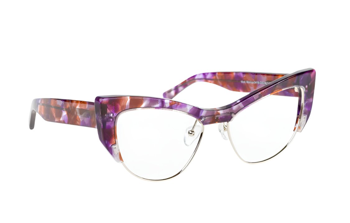 Monica Stainless steel arms providing durability on fashion glasses - Polycarbonate lenses with UV and scratch protection - Monica optical metal and acetate construction eyeglasses

